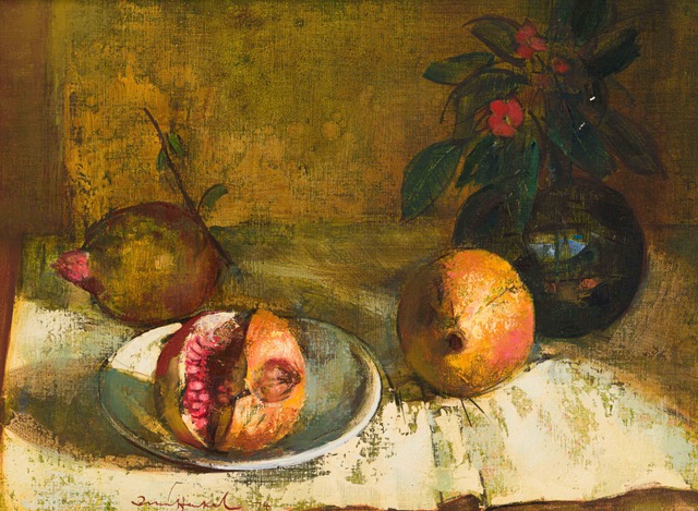 #irmin Henkel; Still Life with Pomegranates and a Vase of Flowers