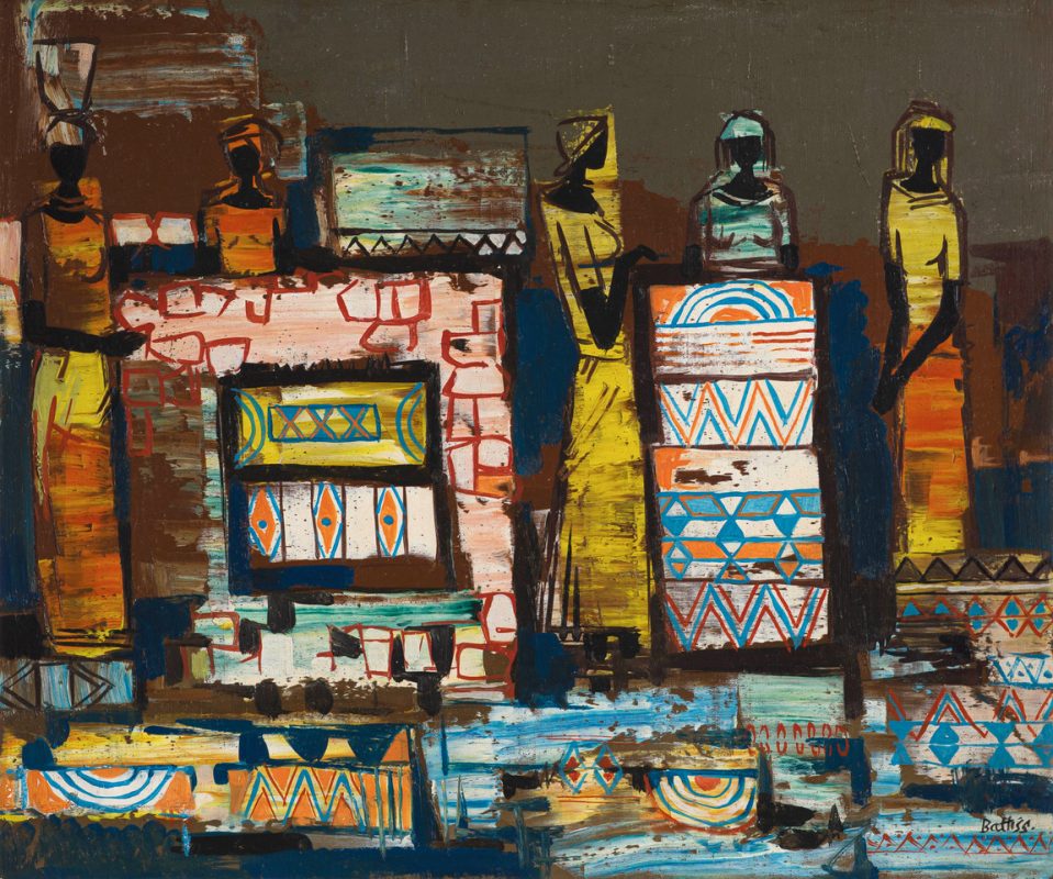 #walter Battiss; Ndebele Village (recto); Abstract African Figures (verso)