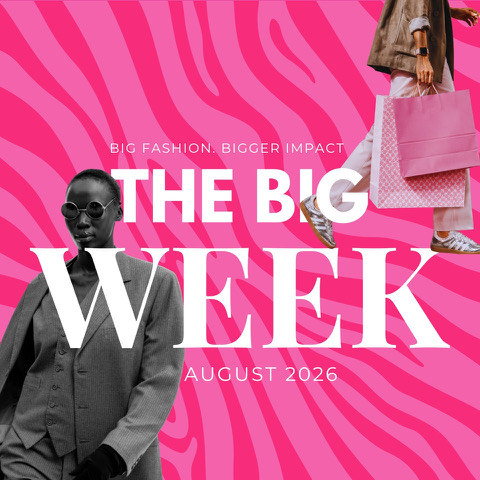 Ultimate Sustainable Fashion Luxury Week in Cape Town 2026 Ultimate Sustainable Fashion Luxury Week in Cape Town 2026 African Luxury'The Big Week' on a pink zebra background; grayscale person in a suit on the left and a shopper with pink bags on the right.